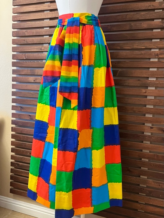 American Vintage Dresses & Skirts - 1970s 70s  Vintage Rainbow Multicolor Patchwork Print High Tie Waist Maxi Skirt